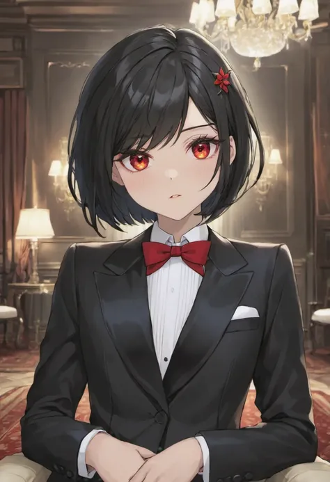 #short bob#woman#red eye#執事のwoman#cool appearance#background: inside the mansion##light in the eyes#tuxedo#black hair#beautiful ...