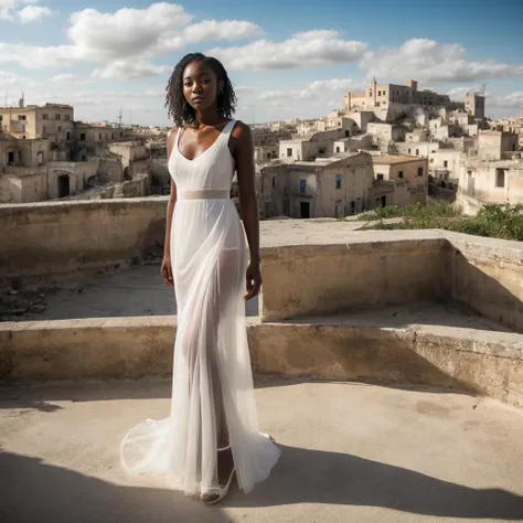 Nigerian Ebony woman in a white large transparent dress with ruined city of Matera in background posing for a professional photoshot, (wearing a transparent wet white dress), blue cloudy sky, rich colors, hyper realistic, lifelike texture