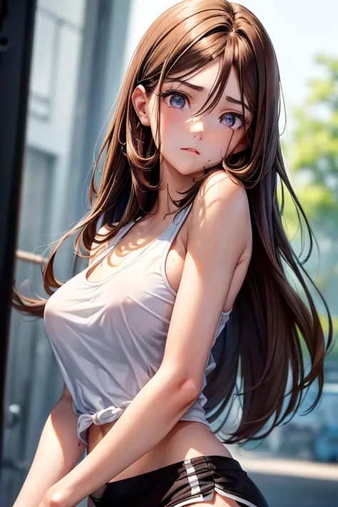 girl,expressionless,{(brown hair:1.2),(medium hair:1.5),(straight hair:1.5),(hair between eyes:1.5)},(big breasts:1.2),(slender:1.2),{white tank top,black gym shorts},(fine eyes and skin:1.5),(detailed facial features:1.5) ,(perfect style),(beautiful face)...