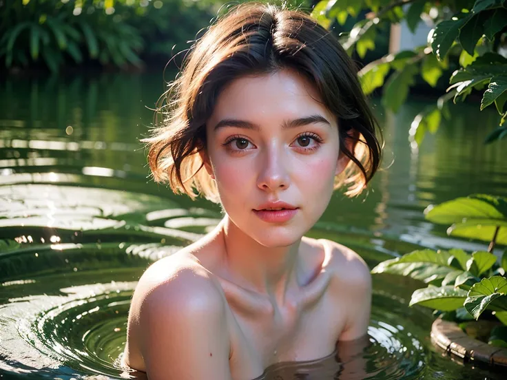 realistic photography, beautiful young female ,short hair ,river, extremely delicate and beautiful},outstanding light and shadow...