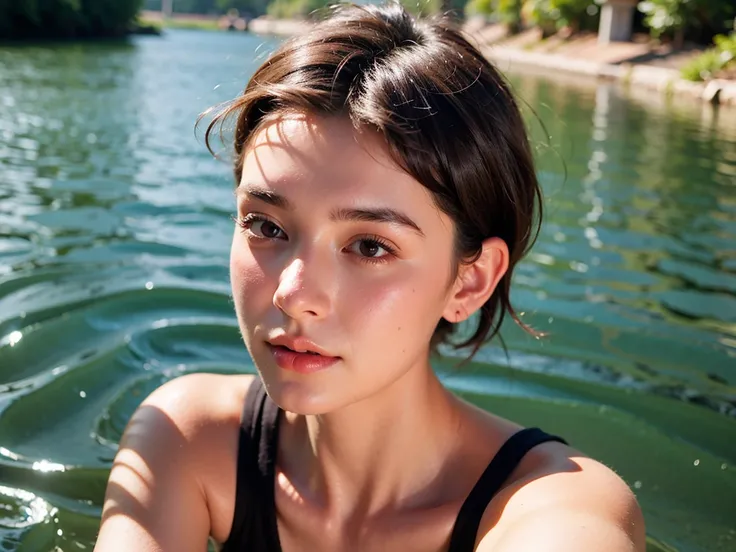 Realistic Photography, Beautiful Young Female ,Short hair ,river, extremely delicate and beautiful},Outstanding light and shadow, highly detailed wallpaper,Clear and bright sunlight, taking a selfie