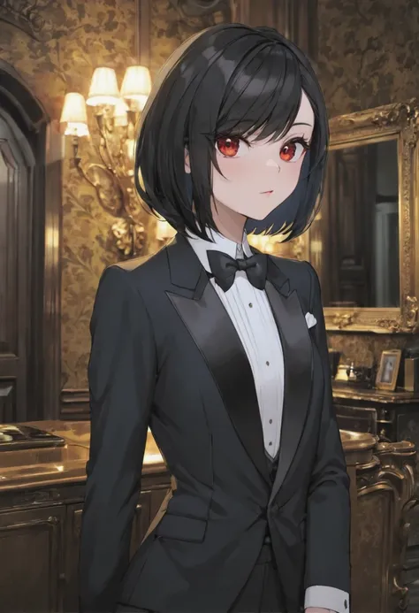 #short bob#woman#red eye#執事のwoman#cool appearance#background: inside the mansion##light in the eyes#tuxedo#black hair#beautiful ...