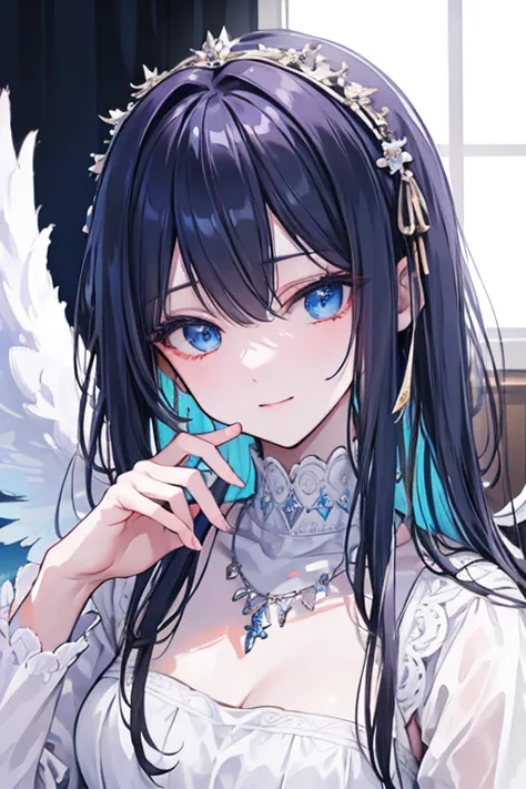 masterpiece_portrait, distinct, distinct_image, high_resolution, highres, high_quality_anime, high_quality, hyper_detail, finely_detailed, best quality, masterpiece, high resolution, 1 woman, white dress, black hair, blue eyes, hair accessories, necklace, ...