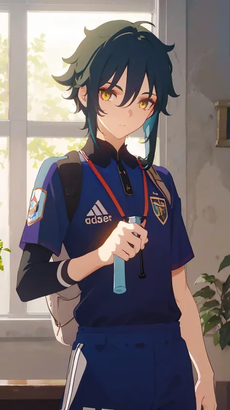 2 boys,dark green hair,highest quality,masterpiece,excessive,male focus,yellow eyes,beautiful eyes,beautiful boy,School,between men,Spouse,soccer club members,Blue soccer uniform,soccer,high school,soccer uniform,blue clothes,soccer court,teammates,same cl...