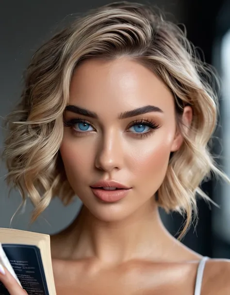 girl reading a book, Young adult, [Nordic:Icelandic:0.5], Hourglass elongated sexy fitness body, Short blonde Beach Waves pixie haircut Parting centre hair,  perfect Olive skin, blue eyes, Oval Face, Long neck, Full nude Lips, Arched Thin eyebrows, snub no...