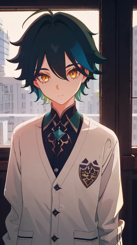 1 boy,dark green hair,highest quality,masterpiece,excessive,male focus,yellow eyes,beautiful eyes,beautiful boy,student,cutter shirt,cardigan,