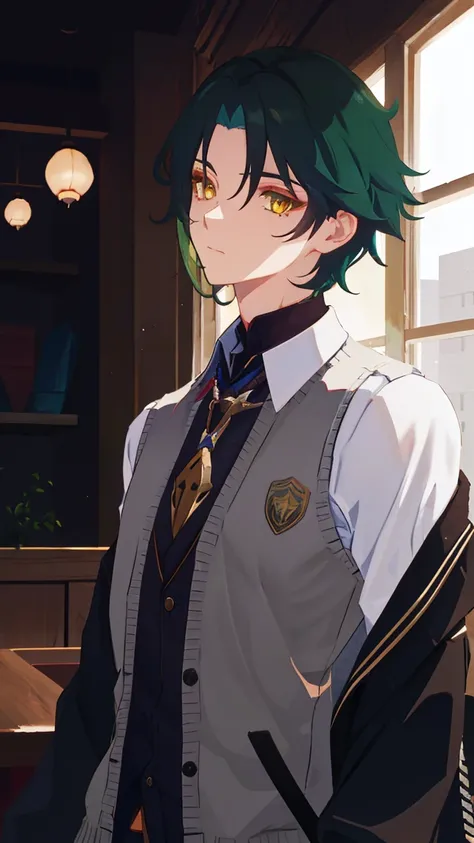 1 boy,dark green hair,highest quality,masterpiece,excessive,male focus,yellow eyes,beautiful eyes,beautiful boy,student,cutter shirt,cardigan,