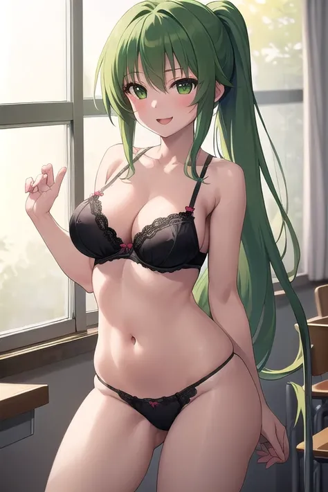 masterpiece, highest quality, Super detailed, 1 girl,  Mion Sonozaki, green hair, green eyes, ponytail, smile、blush、open your mouth、I can see your bra、thighs、full body shot、Beautiful bra、cute panties、classroom