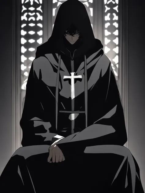 ((character, best quality: 1.5, masterpiece, 8k detailed, monochrome: 1.5, anime)), solo: 2, 1boy, adult, hooded cloaked man smi...