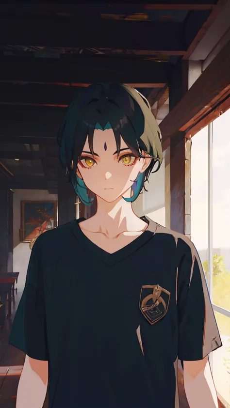 1 boy,dark green hair,highest quality,masterpiece,excessive,male focus,yellow eyes,beautiful eyes,beautiful boy,student,cutter shirt,cardigan,