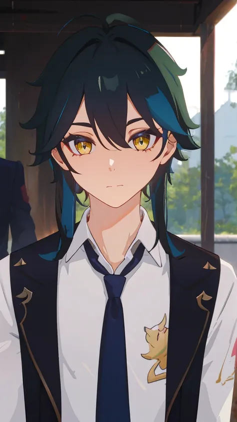 1 boy,dark green hair,highest quality,masterpiece,excessive,male focus,yellow eyes,beautiful eyes,beautiful boy,student,cutter shirt,cardigan,