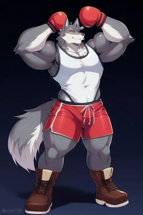 Furry, anthropomorphic wolf, light gray fur, yellow eyes, 65 and 208 lbs, 45" Chest, 20" shoulders, 15" Biceps, 34" waist, 24" thighs, 16" calves, 19" Back, wearing white tank top, wearing green cargo shorts, wearing brown leather boots, wearing red boxing...