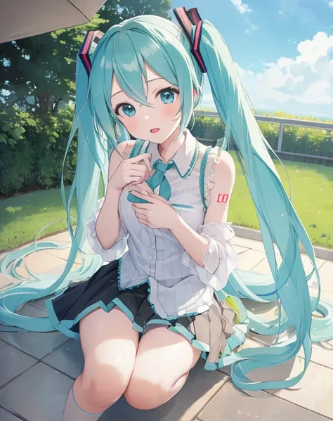 masterpiece, best quality, 1girl, hatsune miku, peeing on me