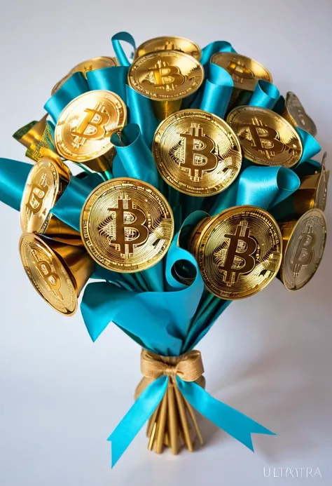 One common bitcoin bouquet is made from 6 gold bitcoins and wrapped in craft paper with colored ribbons, no human hand in the frame, ultra-high-quality detailing