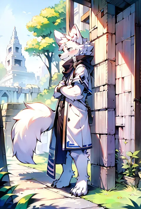 A standing white adolescent white wolf