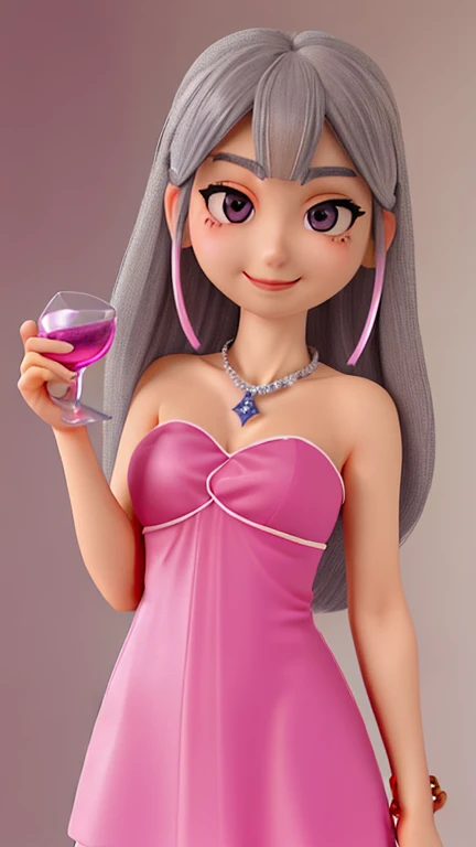 gentle expression、thin eyebrows、smile、Hair color: Gray ash、Pink tube top dress、Diamond Necklace、have a glass、