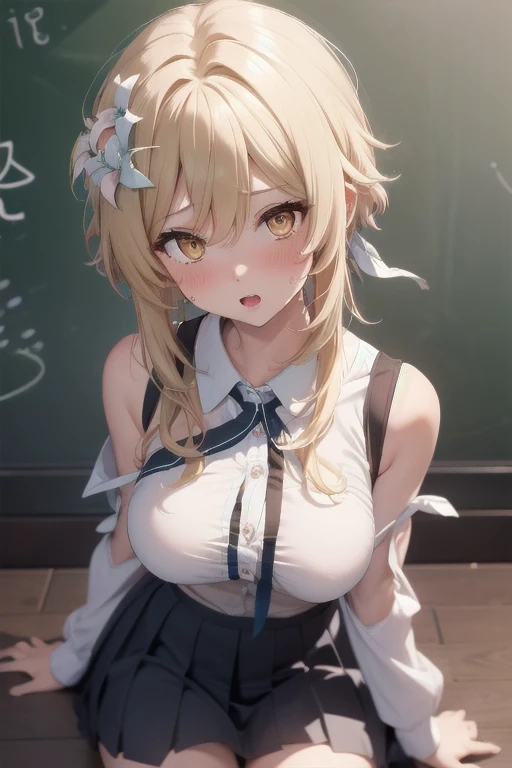 1girl,Lumine,despise,blush,open mouth,shoulder,sweating,Aerial Photography,Full body like,breast,(breast focus:1.2),face to the viewer,kneeling position,sexy,school uniform, loose collar, skirt,nice face