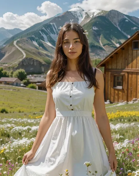 give me an illustration of a woman standing straight facing the camera, Only half of his body is visible, wearing a white dress, her face covered with flowers,Behind it there is a beautiful view of mountains and clouds and birds around it. 4K image quality...