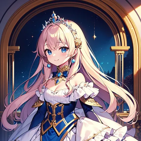 masterpiece, best quality, ultra detailed, upper body, beautiful anime art style, fantasy art, rococo style,(long train deep blue cape:1.1),(gorgeous long train white ball gown with flower decorations:1.05), ball gown with voluminous full length hoop skirt...