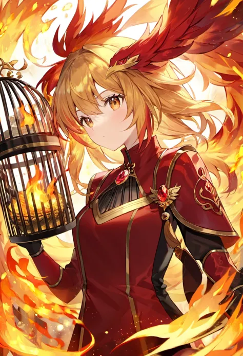 (upper body:1.3), 1girl,hoenix keeper, fireproof suit with a golden phoenix emblem, fire cage with obsidian bars, phoenix nest w...