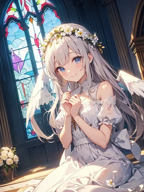 masterpiece、highest quality、8K、cute、Angel、smile、white dress、church、Stained glass、flower crown、shining brightly