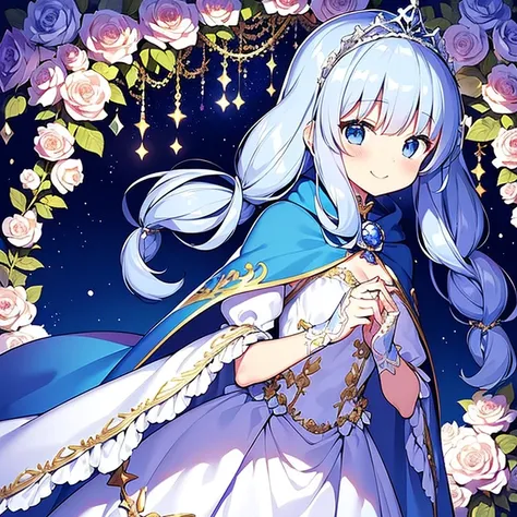 (kawaii),(masterpiece),(best quality),(ultra detailed), upper body, rococo style,(long train deep blue cape:1.1), very long cape,(long train white ball gown with flower decorations:1.05), a girl is wearing a cape over her gown, 1 little princess, tiara, sm...