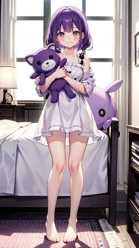 whole body,full body,Standing picture,standing position,Photographed from the front,from front,Girl holding a stuffed toy,purple hair,one piece,Room wear,cute,smile