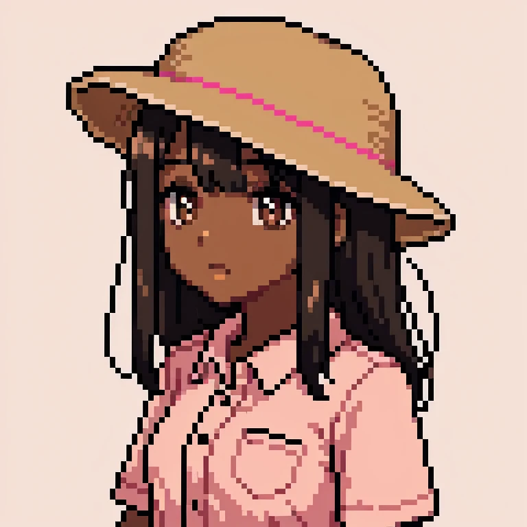 1 girl, brown skin, black hair, bangs, dark brown eyes, pink stripped shirt, farmers hat, on a farm background