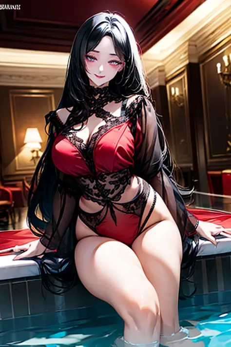 (((Black hair))), long hair, Lilac eyes, sexy, large breasts, beautiful body, masterpiece, smile, (((red lingerie))), sexy lingerie, hotel swimming pool,busty, buxom, curvy, voluptuous