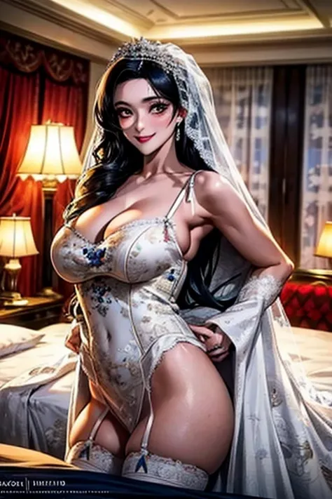 ((Black hair))), long hair, navy eyes, sexy, large breasts, beautiful body, masterpiece, smile, (((wedding dress print lingerie))), sexy lingerie, hotel bedroom,busty, buxom, curvy, voluptuous