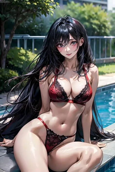 (((Black hair))), long hair, Lilac eyes, sexy, large breasts, beautiful body, masterpiece, smile, (((red lingerie))), sexy lingerie, hotel swimming pool,busty, buxom, curvy, voluptuous