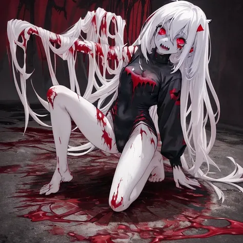 Zombie little girl，With vampire teeth，lie on the floor，exposed胯部，white transparent，凸起sexy的，There are on the street，watch，Spread the joy of leg presses，Clothes are tattered，There are bite marks on the body，View from the side，pained expression，sexy的，Lordosis...