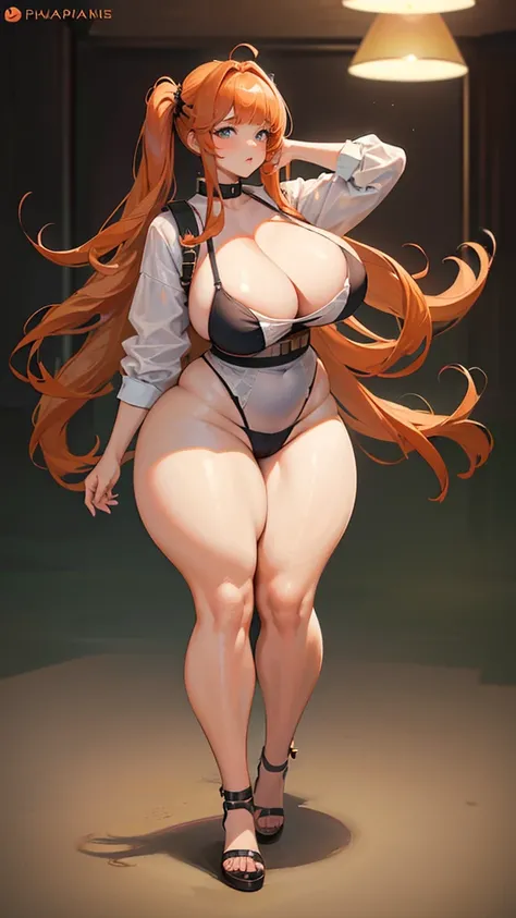 ((Masterpiece)) , high quality, huge girl, massive breast, ((curvy)) , ((thick thighs:1.5))  , ginger hair, ((blunt bangs)) , big cleavage, ((full body)) , short twin tail, ((breastfeeding  )) 
((blank background)), ((spread legs))  ,female muscular:1.2, w...