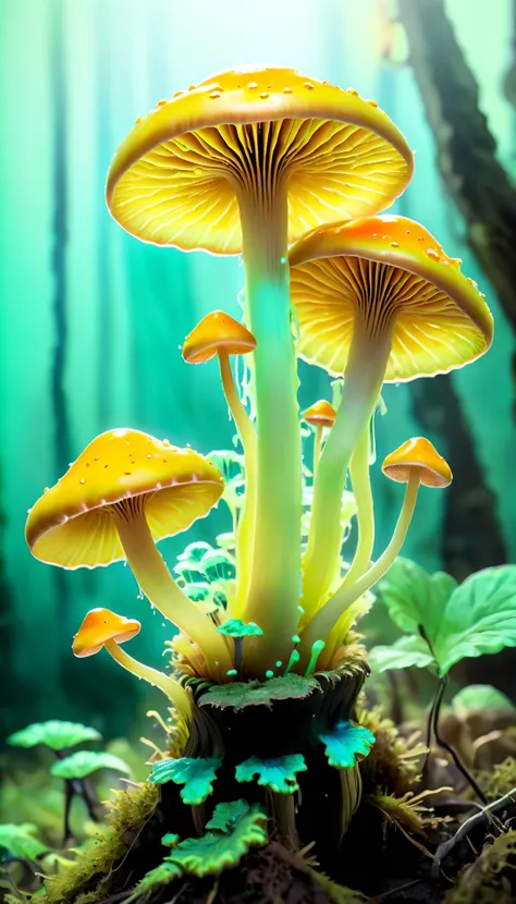 (best quality,super detailed),professional,close up,bioluminescent green yellow mushroom,sharp focus,bright colors,studio lighti...