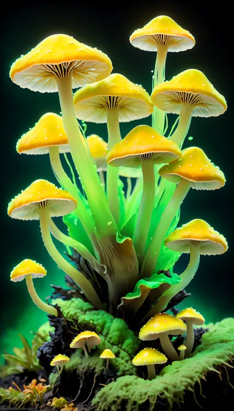 (best quality,super detailed),professional,close up,bioluminescent green yellow mushroom,sharp focus,bright colors,studio lighti...