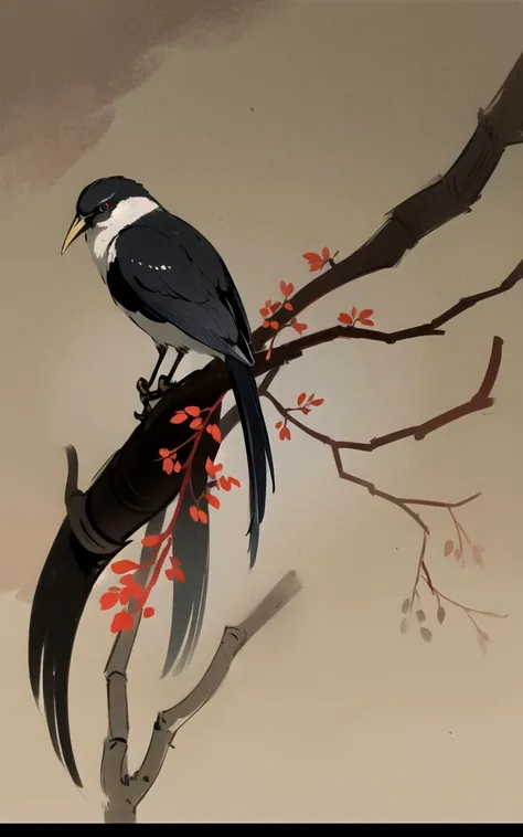 shukezouma, shuimobysim, ((starling)), willow branches, (masterpiece, best quality: 1.2), ((Traditional Chinese ink painting)), model style, bamboo branches, bamboo, wuchangshuo, red, orange, black, fire, starling, bird
