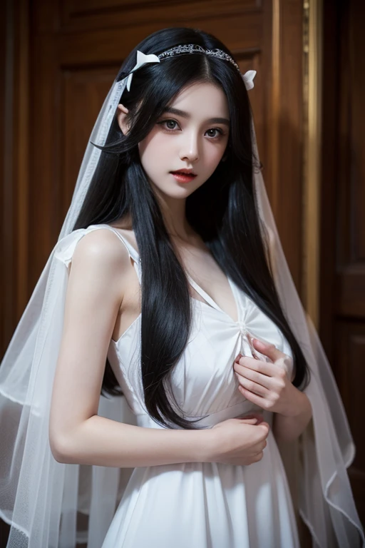 Beautiful vampire girl in a white dress　long black hair　Ribbon on chest　Wearing a veil　She is spreading her arms to tempt the man.　photograph