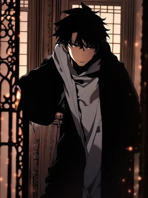 ((Character, best quality: 1.5, masterpiece, 8k detailed, monochrome: 1.5, anime)), solo: 2, 1boy, adult, hooded cloaked man talking, sitting on a chair, dark light, combed hair, dark colors, cross-arm, hood on, close view, side view, upper body, edgCultis...