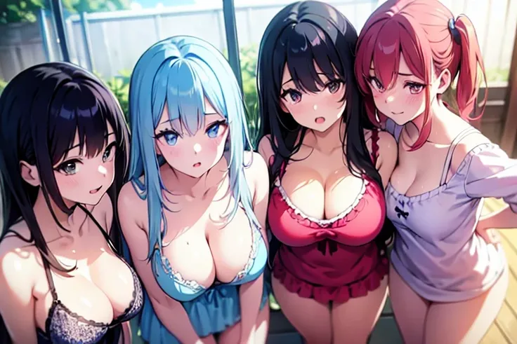 (Harem:1.2),4girls,quartet,squad,cowboyshot,pov,beautiful detailed eyes, detailed lips, long eyelashes, bright and vibrant colors, natural lighting,(best quality, 4k, highres), ultra-detailed, soft and smooth texture, no distractions, dreamlike sensation, ...