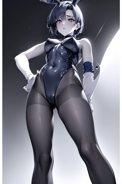 table top, highest quality, 1 girl, (sailor mercury),light blue hair, (black eye:1.2),((Bunny girl))、((leotard))、((embarrassed look))、((full moon))、((Photo from below))、(((pantyhose)))、((short hair hair))、((white long gloves))、((open your legs))、((Bunny ea...