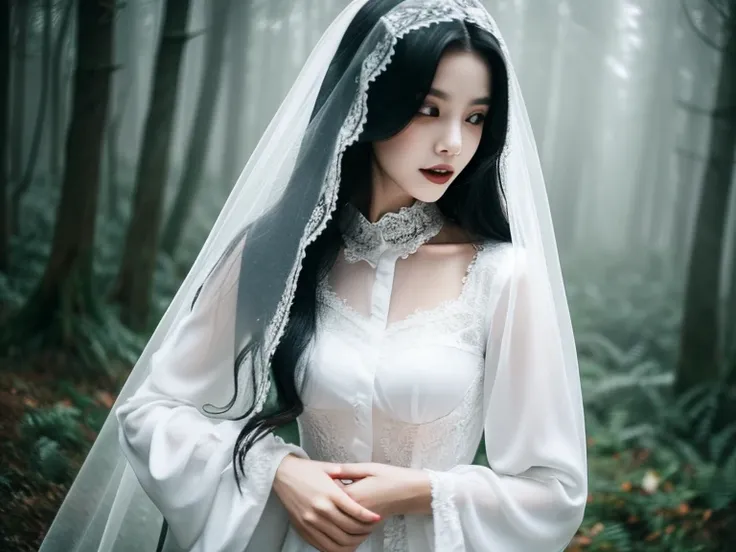 Vampire woman in white long-sleeved dress　Loose sleeves　long black hair　Ribbon on chest　Wearing a veil　She is spreading her arms to tempt the man.　photograph　whole body　The background is a misty forest　Mystical feeling