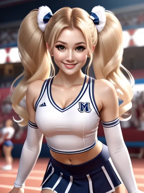 cinematic film still woman, realistic, solo, ((mega twintails)), very long hair, blonde, cheerleader, ((short skirt 0.6)), white...