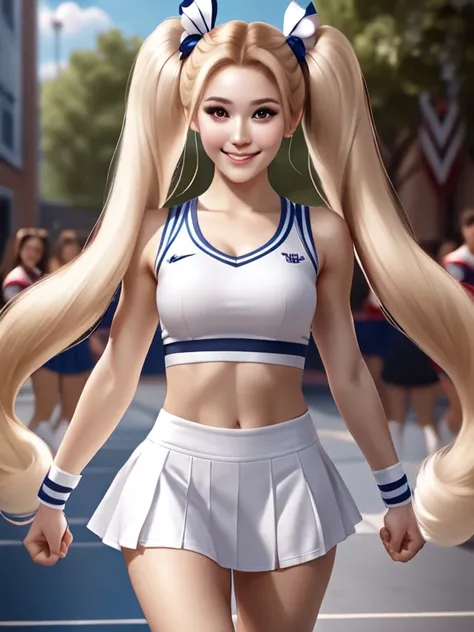 cinematic film still woman, realistic, solo, ((mega twintails)), very long hair, blonde, cheerleader, ((short skirt 0.6)), white...