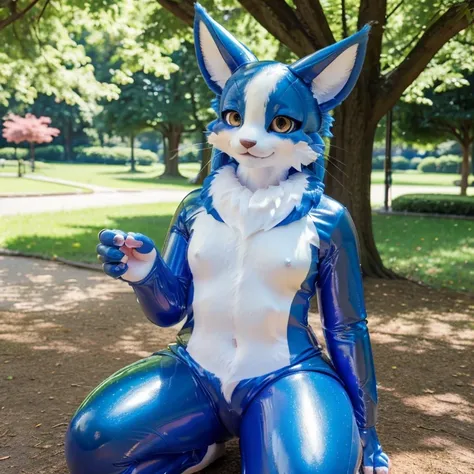 (ultra detailed), a beautiful and detailed full body photo of a very realistic kawaii Omaneko fursuit. The omaneko fursuit is made of glossy latex that gives it a shiny appearance, perfectly complementing the adorable smile on its face. The photo is taken ...