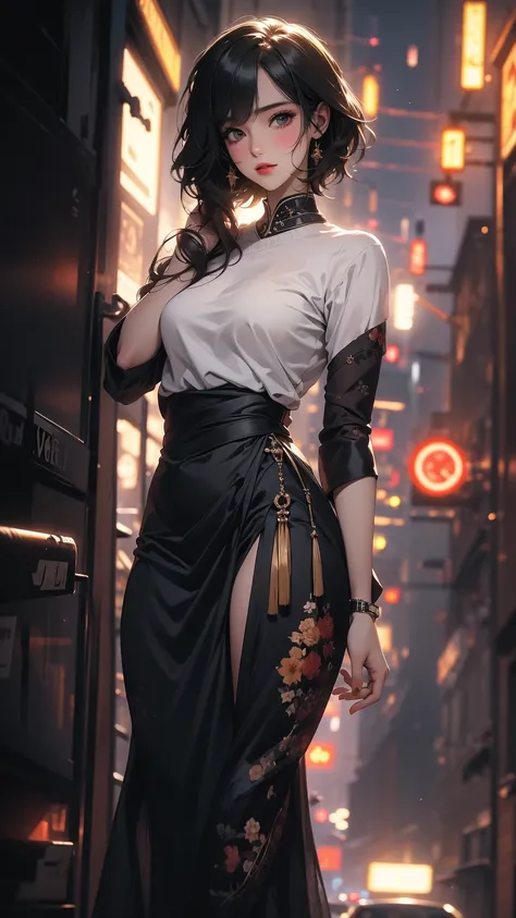 (Highly detailed CG unit 8k wallpaper, masterpiece, High resolution, highest quality), A cool NY fashion girl influenced by nostalgic and inorganic mode fashion., short hairstyles, detailed costume, Layered maxi skirt and crew neck pullover sweater combina...