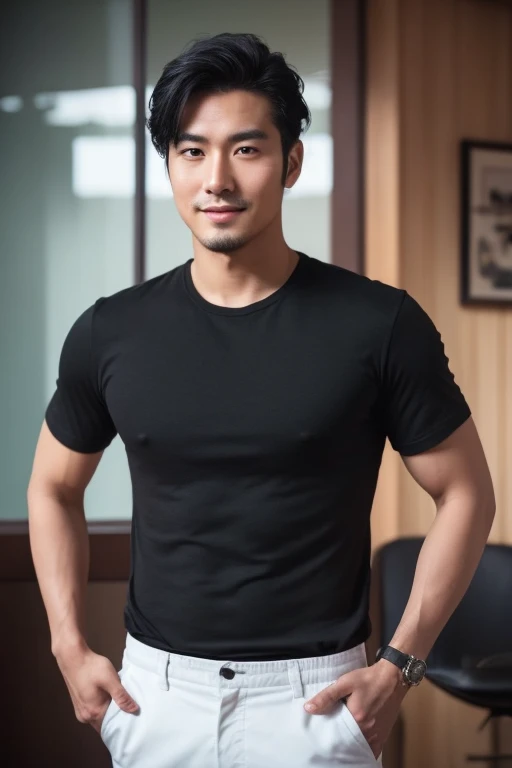 Portrait of a 30-year-old handsome Asian man with movie-like looks.、black shirt、Looking at the camera, Hispanic, cheerful, black hair, black shirt, dark black chair, realistically