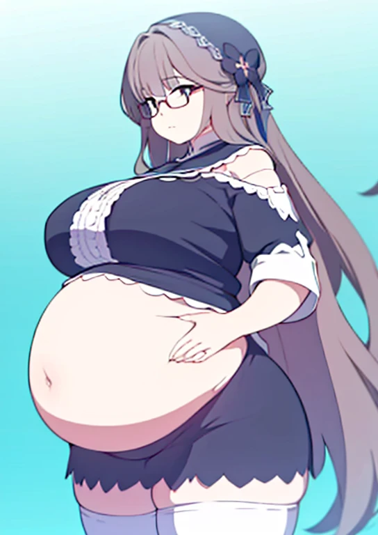 (masterpiece, best quality, highly detailed), 1girls, big belly, blurry background, huge belly, art by kipteitei, round belly, chubby, curvy, simple_background, gradient_background, belly grab, enormous belly, fat belly, thicc, bigger belly, really big bel...