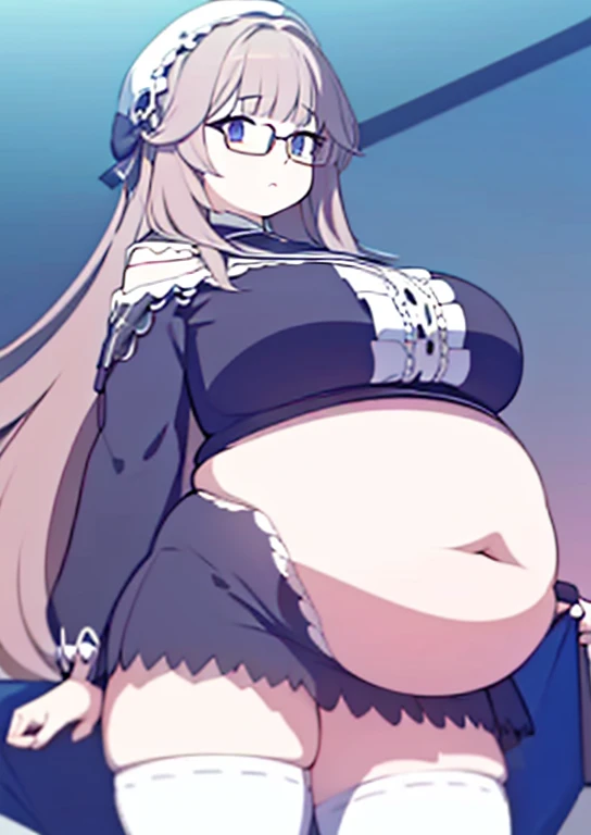 (masterpiece, best quality, highly detailed), 1girls, big belly, blurry background, huge belly, art by kipteitei, round belly, chubby, curvy, simple_background, gradient_background, belly grab, enormous belly, fat belly, thicc, bigger belly, really big bel...