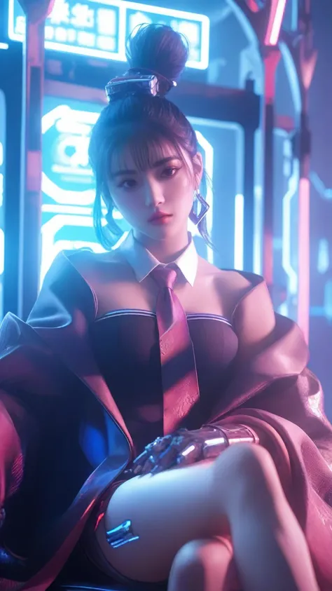 A like girl beautiful anime girl in a suit and tie sitting on a chair, digital cyberpunk anime art, cyberpunk anime girl, cyberpunk 2 0 y. o model girl, the cyberpunk girl portrait, female cyberpunk anime girl, cyberpunk anime art, digital cyberpunk - anim...