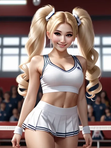 cinematic film still woman, realistic, solo, full body in frame, ((mega twintails)), very long hair, blonde, cheerleader, [[shor...